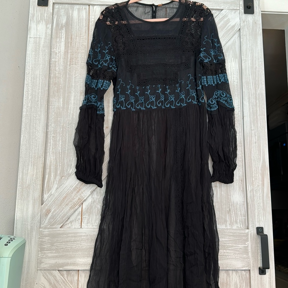 Free People black turquoise sheer lace dress